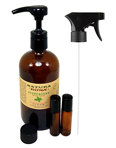 Peppermint Essential Oil 16 oz Spray/Pump in Amber Glass Bottle with 2 7ml Roller Bottles - 100% PURE, ORGANIC PEPPERMINT ESSENTIAL OIL.