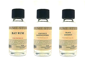 Perfume Studio Fragrance Oil Set 3-Pk 1oz Each for Making Soaps, Candles, Bath Bombs, Lotions, Room Sprays, Colognes (Woody Tropical, Bay Rum, Coconut Sandalwood, Black Coconut)