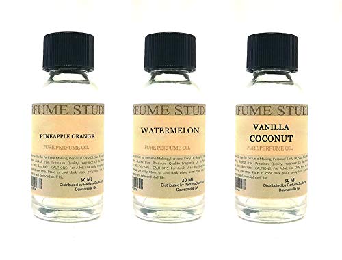 Perfume Studio Fragrance Oil Set 3-Pk 1oz Each for Making Soaps, Candles, Bath Bombs, Lotions, Room Sprays, Colognes (Fruity Tropical, Pineapple Orange, Watermelon, Vanilla Coconut)
