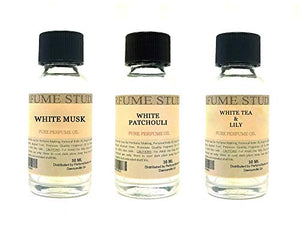 Perfume Studio Fragrance Oil Set 3-Pk 1oz Each for Making Soaps, Candles, Bath Bombs, Lotions, Room Sprays, Colognes (White Floral, White Musk, White Patchouli, White Tea & Lily)