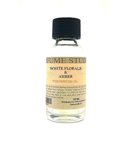 Pure Perfume Oil for Perfume Making, Personal Body Oil, Soap, Candle Making & Incense; Splash-On Clear Glass Bottle. Premium Quality Undiluted & Alcohol Free (1oz, White Flowers & Amber)