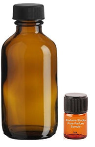 2oz Amber Glass Bottle with Lid; Includes a Bonus 2ml Perfume Studio Pure Parfum Fragrance Sample. Ideal Bottle for Storing Essential Oils (Black Travel Lids)