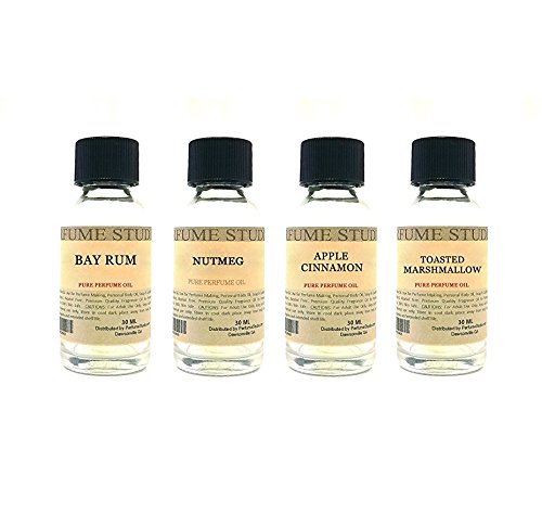 Holiday Fragrance Oil Set for Perfume Making, Personal Body Oil, Soap, Candle Making , Incense; 4 Splash-On 30ml Bottles (BayRum-AppleCinnamon-ToastedMarshmallow-NutMeg)
