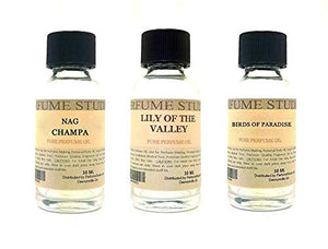 Perfume Studio Fragrance Oil Set 3-Pk 1oz Each for Making Soaps, Candles, Bath Bombs, Lotions, Room Sprays, Colognes (Green Floral, Nag Champa, Lily of The Valley, Bird of Paradise)