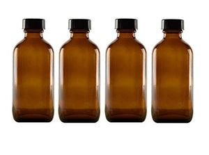 Perfume Studio 4oz Essential Oil Glass Bottles - Pack of 4 Boston Round Glass Bottles with Black Cap - Complimentary Perfume Sample Vial