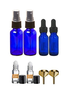 Essential Oil Bottle Set: Includes (2) 1oz Cobalt Spray Bottles, (2) 15ml Cobalt Glass Droppers, (2) Perfume Funnels, and (2) 5ml Clear Glass Roller bottles