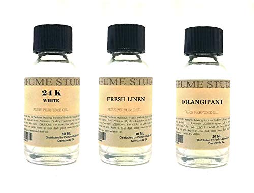 Perfume Studio Fragrance Oil Set 3-Pk 1oz Each for Making Soaps, Candles, Bath Bombs, Lotions, Room Sprays, Colognes (White Floral, 24K White, Frangipani, Fresh Linen)