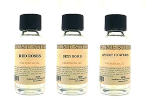 Perfume Studio Fragrance Oil Set 3-Pk 1oz Each for Making Soaps, Candles, Bath Bombs, Lotions, Room Sprays, Colognes (Aromatic Fougere, Red Roses, Sexy Bomb, Sweet Flowers)