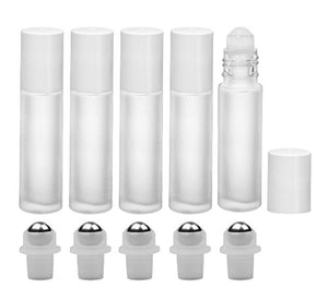 Perfume Studio Set of White Frosted Glass Roll On Bottles with White Caps and Interchangeable Metal/Plastic Balls