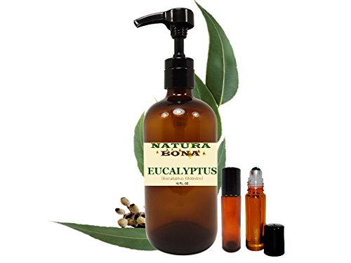 Eucalyptus Essential Oil 16 oz Pump Bottle with 2 Amber Glass Roller Bottles. - Therapeutic Grade 100% Pure Eucalyptus Oil