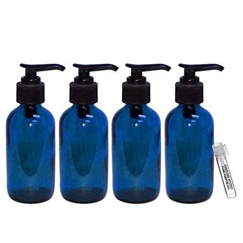 Perfume Studio 4oz Cobalt Glass Pump Bottles - Set of 4 Blue Glass Bottles with Black Pump Dispensers and a Pure Perfume Oil Sample Vial.