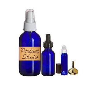 Essential Oils Empty Bottle Kit: A 4 Oz Fine Spray Blue Cobalt Bottle, A 1 Oz Blue Cobalt Bottle with Dropper, A 1/3 Oz Blue Cobalt Roll-on Bottle, A 1 Metal Perfume Funnel