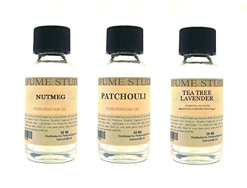Perfume Studio Fragrance Oil Set 3-Pk 1oz Each for Making Soaps, Candles, Bath Bombs, Lotions, Room Sprays, Colognes (Oriental Spicy, Nutmeg, Patchouli, Tea Tree Lavender)