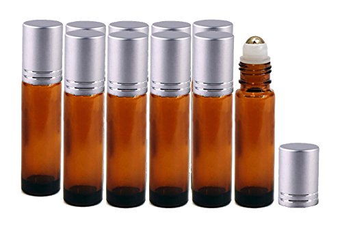 Perfume Studio 10ml Amber Glass Roller Bottles with Aluminum Silver Cap and Stainless Steel Metal Ball Applicator (10, Metal Ball)