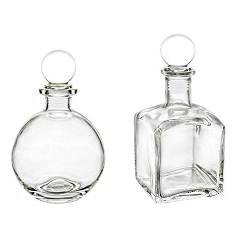 Clear Glass Stopper Bottle Set. Elegant Bottles Ideal for Essential Oils, Bath Oils, Perfume Oils, Diffuser Reeds, Cooking Oils, Oil Extracts, (2 Bottles, 1 Round, 1 Square)