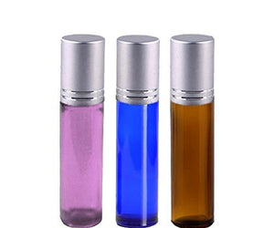 10ml Roller Bottle Set with Silver Caps for Essential Oil, Aromatherapy, Perfume, Health and Wellness (3 Glass Roll On Bottles with Metal Ball Roller; Purple, Blue and Amber Color)