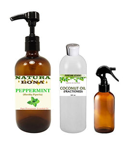 Organic Peppermint Essential Oil Kit: One 16oz Pump of Pure Peppermint Oil, One 16oz Bottle of Pure Fractionated Coconut Carrier Oil, One Empty 4oz Amber Glass Trigger Sprayer Bottle