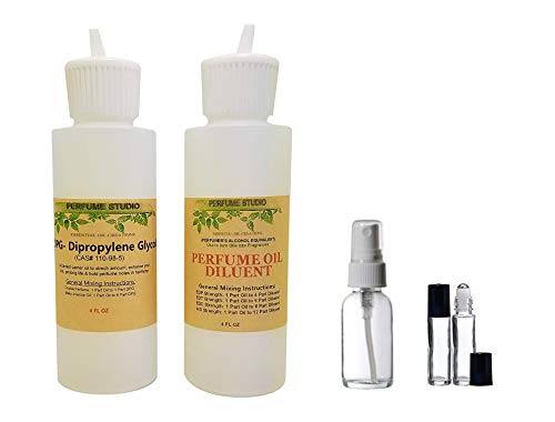 Perfume Making 5-Piece Set; 1, 4oz Perfumer's Alcohol Equivalent Solvent, 1, 4oz DiPropylene Glycol (DPG) Carrier Oil, 1, 1oz Empty Spray Bottle, 2, 7ml Roll-ons (Perfume Making Kits, 5-Piece Set)