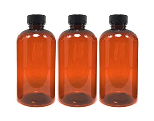 8 oz Boston Round Amber Plastic Bottle with Travel/Storage Cap.  3 Pack (PET-BPA FREE) - 2ml Pure Parfum Oil Sample Included. (Travel Cap)