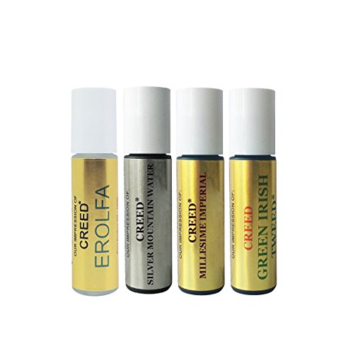 Premium Perfume Oil IMPRESSION of Creed: 4 Piece Bundle Set of Erolfa Oil, Silver Mountain Water Oil, Imperial Oil, Green Irish Tweed Oil; 10ml Roller Bottles (VERSION/TYPE OIL; Not Original Brand)