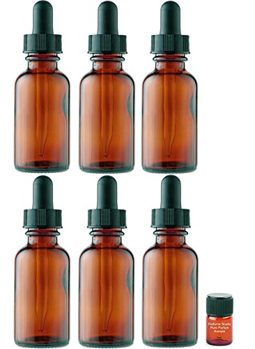 Perfume Studio 6 Piece Set; 2oz Amber Glass Dropper Bottles with a Bonus 2ml Perfume Studio Fragrance Sample (Dropper Bottles)