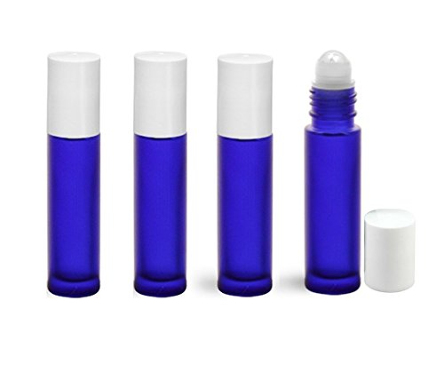 Perfume Studio Glass Ball Roller Bottle for Essential Oils. Safest for Aromatherapy Use (Frost Blue Cobalt with White Cap; 4 Roll On Bottles)