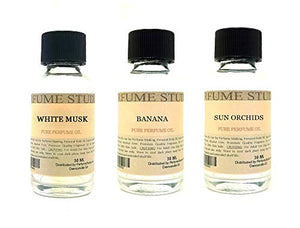 Perfume Making Supplies Fragrance Oil Set 3-Pk 1oz Each for Making Soaps, Candles, Bath Bombs, Lotions, Room Sprays, Colognes, White Musk, Banana, Sun Orchid