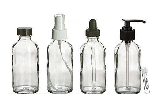 Perfume Studio 4oz Essential Oil Clear Glass Bottles - Pack of 4 Boston Round Glass Bottles; Pump, Dropper, Spray, and Cap - Complimentary Essential Oil/Perfume Sample Vial (Clear Glass)
