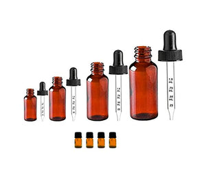 Natura Bona Essential Oil Supplies and Accessories. Glass Dropper Bottles; Pack of 4 Amber Glass Calibrated Dropper Bottles (.5oz, 1oz, 2oz, 4oz) and 4 Amber Glass Euro Droppers; 6ml.
