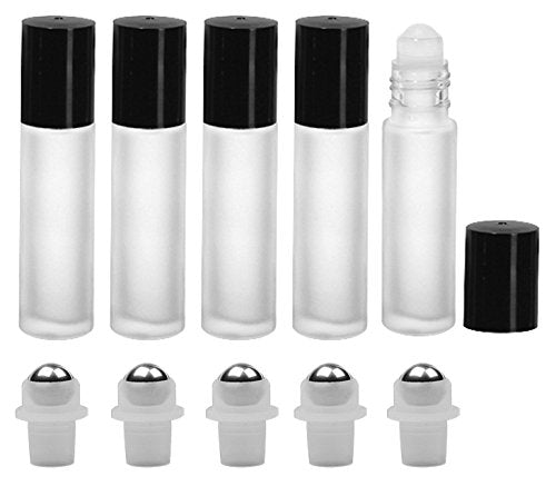 Perfume Studio Set of White Frosted Glass Roll On Bottles with Black Caps and Interchangeable Metal/Plastic Balls