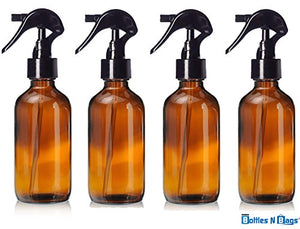 4 Oz Amber Brown Glass Bottle with Black Trigger Sprayer for Essential Oils (4 Pack) by Bottles N Bags
