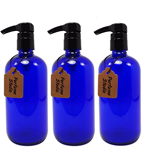 Perfume Studio 16 oz Cobalt Glass Bottles with Pumps, Package of 3 (COBALT GLASS)