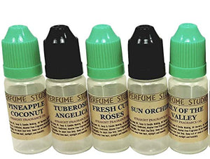 Perfume Studio 5-Piece Premium Fragrance Oil Set; Pineapple Coconut, Tuberose Angelica, Fresh Cut Roses, Sun Orchids, Lily of The Valley:; 12ml (Top 5 Fragrance Oils)