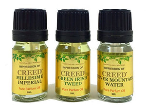 Perfume Studio IMPRESSION of Creed Perfume Oil: 3 Piece Bundle of Silver Mountain Water, Millesime Imperial, Green Irish Tweed, 5ml Euro Dropper Bottles (Our Fragrance Version; Not Original Brand)