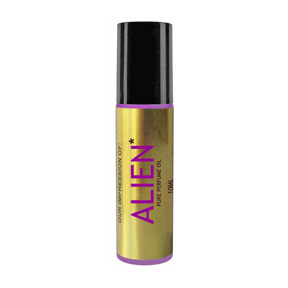 Premium Perfume IMPRESSION Oil Compatible to Alien for Women, 10ml Purple Roller, Black Cap, 100% Pure-No Alcohol (Our VERSION/TYPE; Not Original Brand)