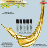 Perfume Oil Set; Perfume Studio Premium 5-Piece Set of Impression Fragrance Oils: Violet Blonde, Fleur De Portofino, Black Orchid, Venetian Bergamot, Orchid Soleil; 10ml Rollers (TF Oil Set #104, Set)