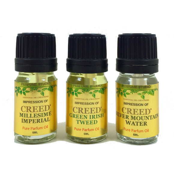 Perfume Studio oil IMPRESSION of Creed* Perfume: 3 Piece Bundle of Silver Mountain Water, Millesime Imperial & Green Irish Tweed, 5ml Euro Dropper/Dabber Bottle