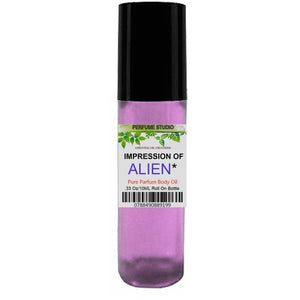 Perfume IMPRESSION Oil with Similar Fragrance Accords Alien Perfume for Women, 10ml Purple Roller, Black Cap, 100% Pure-No Alcohol (Perfume Studio VERSION/TYPE; Not Original Brand)